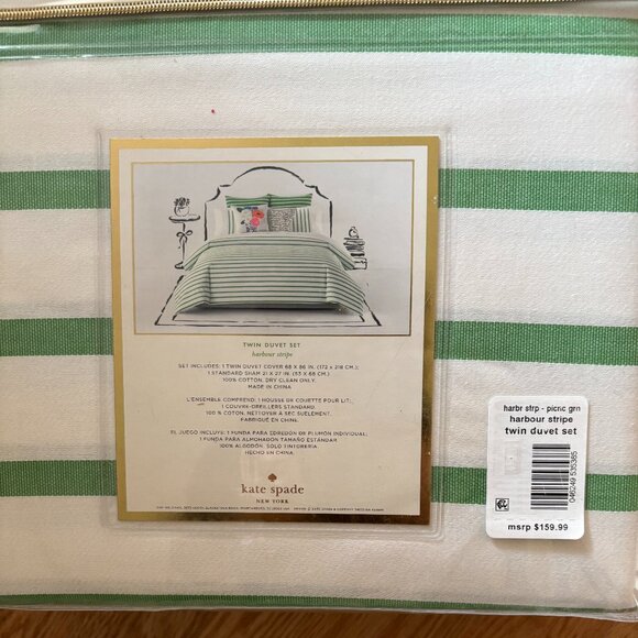 KATE SPADE HARBOUR STRIPE  TWIN DUVET COVER SET W / SHAMS GREEN WHITE NWT - Picture 2 of 3